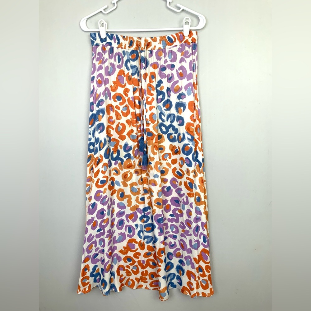 FARM Rio White Leopard Print Maxi Skirt with Orange, Blue & Purple Spots
